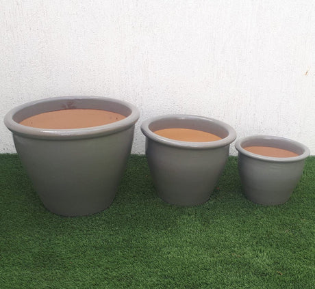 Light Grey Rolled Rim Pot Outdoor Ceramic Pot, Trendy Outdoor Pot